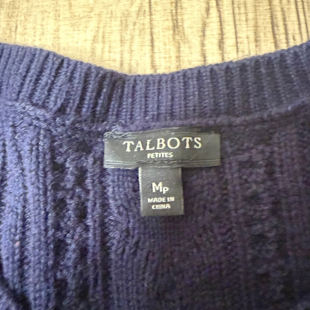 Talbots Petites Medium Petite Navy Blue Long Sleeve Cable Knit Peplum Sweater - Picture 3 of 7